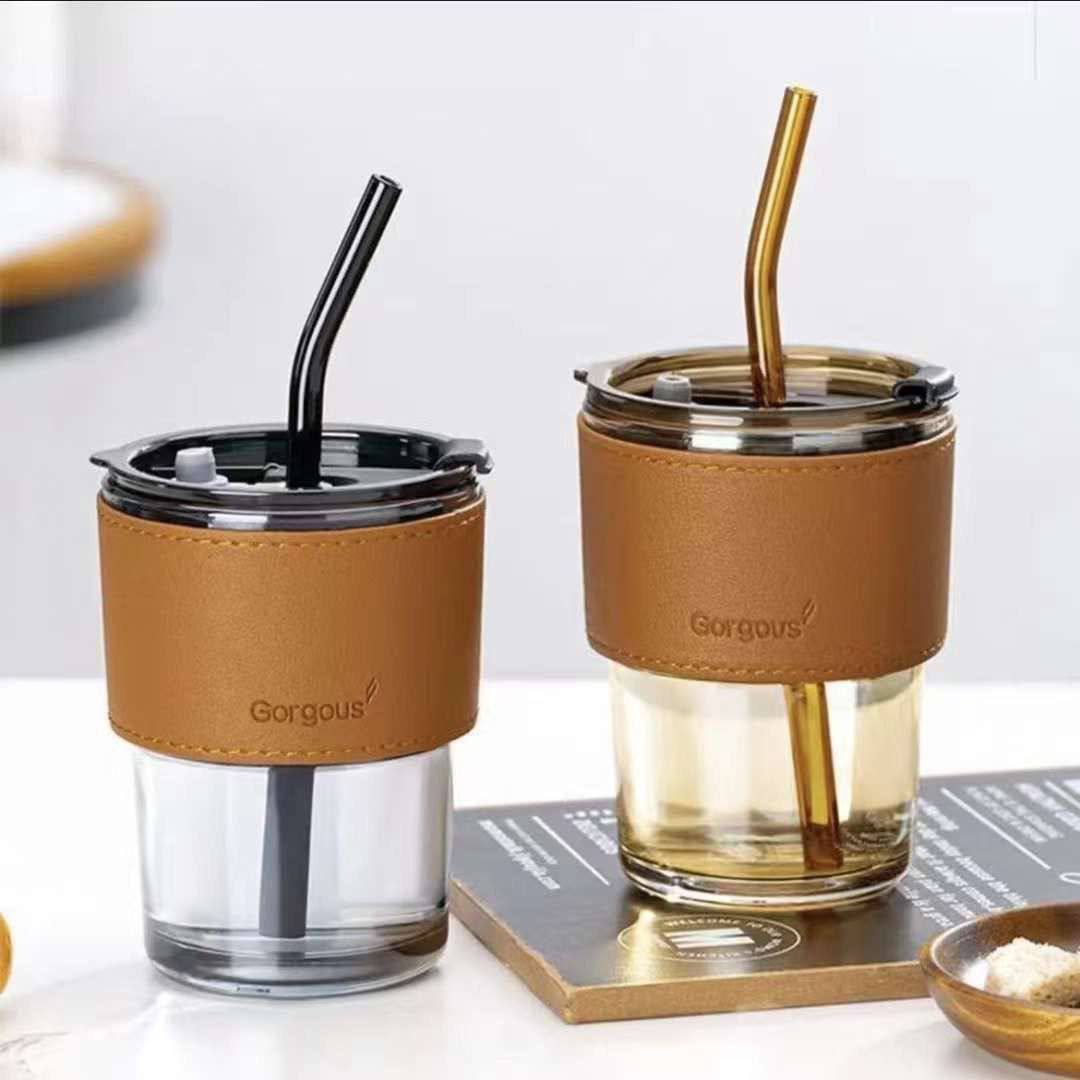 350ML LEATHER GRIP GLASS CUP WITH GLASS STRAW